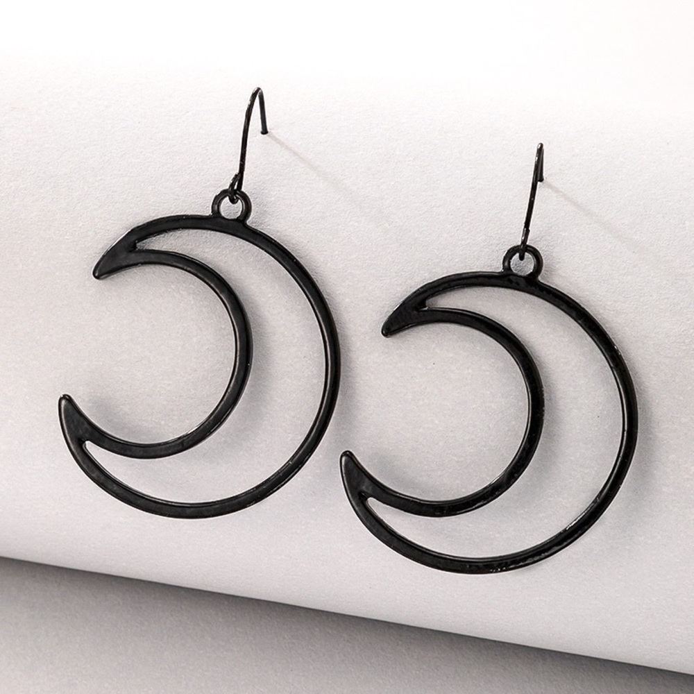 Black Hollow Crescent Moon Drop Earrings - Picture 3 of 5